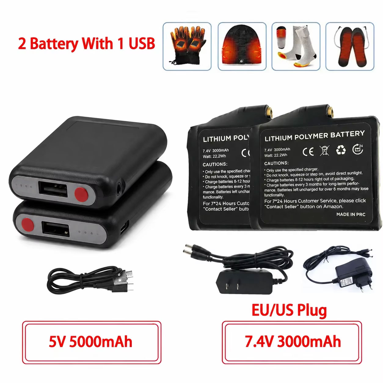 Heated Vest Battery - Winter Heated Socks Batteries 7.4V 3000mah/5V