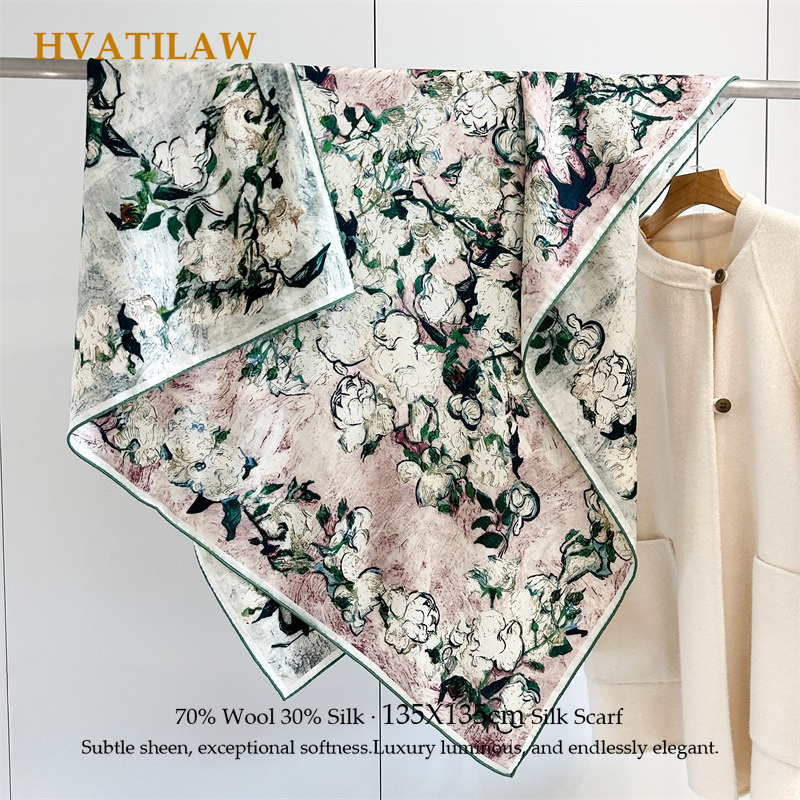 Luxury 135x135cm Silk Wool Sca - Shawl Wrap Winter review and price